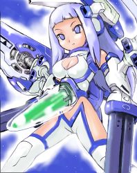 Rule 34 | 1girl, blue eyes, blue hair, breasts, cleavage, cleavage cutout, clothing cutout, cockpit, impossible clothes, large breasts, long hair, lowres, matching hair/eyes, mecha musume, no pupils, personification, rvr-01 gauntlet, sidelocks, solo, t2, thighhighs, thunder force