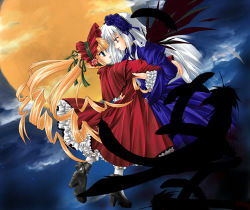 Rule 34 | 00s, 2girls, arm grab, black wings, blonde hair, bonnet, capelet, dress, drill hair, eye contact, feathers, floating, flower, frills, full moon, long hair, looking at another, lowres, moon, multiple girls, night, puffy sleeves, red dress, rose, rozen maiden, shinku, shoes, silver hair, sky, suigintou, very long hair, wings
