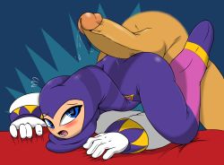Rule 34 | 1boy, 1girl, bent over, blue eyes, blush, buttjob, gloves, highres, nights (character), nights into dreams, on bed, open mouth, precum, sega, source request, tagme, thetyrant6