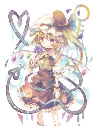 Rule 34 | 1girl, blonde hair, blue flower, blue rose, blush, bow, crystal, dripping, feet out of frame, fire, flandre scarlet, flower, frills, hat, hat bow, heart, highres, holding, holding flower, key, laevatein, long hair, mob cap, puffy short sleeves, puffy sleeves, red bow, red eyes, red skirt, red vest, rose, sekisei (superego51), shirt, short sleeves, side ponytail, skirt, smile, socks, solo, thorns, touhou, vest, white hat, white shirt, white socks, wings, wrist cuffs, yellow neckwear