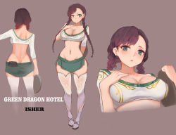 Rule 34 | 1girl, absurdres, belt pouch, braid, breasts, butt crack, cleavage, crop top, durin (liangzi tai hongcha), earrings, english text, eyelashes, from behind, full body, gem, green eyes, green skirt, hand on own chest, highres, holding, holding tray, jewelry, large breasts, liangzi tai hongcha, long hair, looking at viewer, multiple views, narrow waist, navel, navel piercing, original, piercing, pouch, print legwear, red hair, sandals, shirt, simple background, skindentation, skirt, slit pupils, smile, stud earrings, tan background, thighhighs, tray, twin braids, very long hair, waitress, white shirt, white thighhighs, wide hips