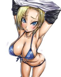 Rule 34 | 1girl, amania orz, android 18, armpits, bikini, blonde hair, blue eyes, blush, breasts, cleavage, dragon ball, dragonball z, large breasts, looking at viewer, navel, open mouth, short hair, simple background, solo, swimsuit, white background