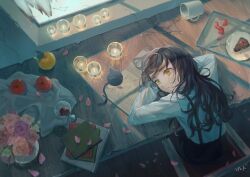 Rule 34 | 1girl, arm rest, arms on table, artist name, black hair, book, book stack, bouquet, cake, cake slice, candle, closed mouth, commentary, commission, cup, drinking glass, english commentary, flower, food, fork, from above, fruit, grimmi (vtuber), head rest, highres, indie virtual youtuber, indoors, light frown, long hair, long sleeves, looking at viewer, looking back, mug, petals, pndusg103, second-party source, shirt, sitting, skelter (grimmivt), solo, spill, strawberry, suspenders, table, white shirt, wide shot, window, window shadow, wine glass, wooden floor, wooden table, yellow eyes