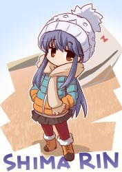 Rule 34 | 1girl, blue hair, boots, brown eyes, character name, chibi, fur trim, hair down, hands in pockets, hat, highres, ikkyuu, jacket, leggings, pantyhose, pleated skirt, scarf, shima rin, skirt, solo, winter clothes, yurucamp