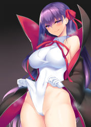 Rule 34 | 1girl, :q, bare shoulders, bb (fate), bb (fate) (all), bb (swimsuit mooncancer) (fate), bb (swimsuit mooncancer) (third ascension) (fate), black coat, blush, breasts, coat, commentary request, covered navel, fate/grand order, fate (series), gloves, groin, heavy breathing, highres, large breasts, leotard, long hair, looking at viewer, nakatama kyou, popped collar, purple eyes, purple hair, ribbon, smile, solo, swimsuit tug, thighs, tongue, tongue out, vampire costume, very long hair, white gloves, white leotard