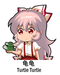 Rule 34 | 1girl, animal, bilingual, bow, chibi, chinese commentary, chinese text, collared shirt, commentary request, english text, fujiwara no mokou, hair between eyes, hair bow, holding, holding animal, jokanhiyou, long hair, meme, mixed-language text, red eyes, shirt, short sleeves, silver hair, suspenders, tortoise, touhou, translation request, turtle, white background