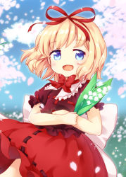 Rule 34 | 1girl, blonde hair, blue eyes, blue sky, cloud, day, flower, hair ribbon, lily of the valley, medicine melancholy, mimi (mimi puru), open mouth, puffy short sleeves, puffy sleeves, ribbon, sash, shirt, short sleeves, skirt, sky, smile, solo, touhou