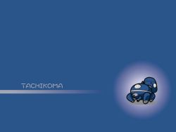 Rule 34 | armor, blue background, chibi, creature, full body, ghost in the shell, glowing, machinery, no humans, simple background, standing, tachikoma, text focus, wallpaper
