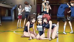 Rule 34 | 10s, 3girls, animated, animated gif, barefoot, basketball court, bouncing breasts, grabbing another&#039;s breast, breast lift, breasts, brown hair, competition swimsuit, grabbing, gym, kakumeiki valvrave, large breasts, multiple boys, multiple girls, nanami rion, nobi marie, one-piece swimsuit, orange hair, swim cap, swimsuit, twintails, whistle, yuri