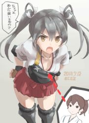 Rule 34 | 10s, 2girls, arrow (symbol), black hair, breasts, brown eyes, commentary request, coz (commit), dated, gradient background, grey background, hair ribbon, hands on own hips, inset, kaga (kancolle), kantai collection, long hair, multiple girls, muneate, ribbon, skirt, small breasts, translation request, twintails, twitter username, zuikaku (kancolle)