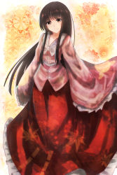 Rule 34 | 1girl, arms at sides, black hair, blouse, blush, bow, bowtie, brown eyes, collarbone, commentary request, floral background, frilled skirt, frilled sleeves, frills, head tilt, highres, houraisan kaguya, kikkoumon, light blush, long hair, long skirt, looking at viewer, patterned background, pink shirt, red skirt, shinyafuru, shirt, sidelocks, skirt, sleeves past fingers, sleeves past wrists, smile, solo, standing, touhou, unmoving pattern, very long hair, white bow, white bowtie, yellow background