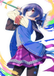 Rule 34 | 1girl, armband, arms up, belt, belt buckle, black pantyhose, blue hair, blue jacket, blue ribbon, buckle, commentary request, frilled skirt, frills, grey shirt, hair between eyes, hair bun, hair ribbon, holding, idolmaster, idolmaster shiny colors, jacket, letterman jacket, long sleeves, miri (ago550421), morino rinze, open clothes, open jacket, pantyhose, parted lips, plaid, plaid skirt, purple belt, purple skirt, red eyes, ribbon, safety pin, shirt, simple background, single hair bun, skirt, solo, star (symbol), white background