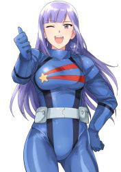 Rule 34 | 1girl, blunt bangs, blunt ends, breasts, earrings, gundam, gundam zz, hand on own hip, highres, jewelry, long hair, one eye closed, open mouth, pilot suit, purple eyes, purple hair, roux louka, simple background, smile, solo, thumbs up, tsurui, white background
