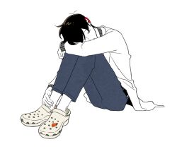 Rule 34 | 1boy, black hair, closed eyes, commentary request, crocs, domihuman, eoduun badaui deungbul-i doeeo, full body, grey pants, hand on own ankle, knees up, korean commentary, lab coat, long sleeves, male focus, pants, park moo-hyun, short hair, simple background, sitting, solo, white background