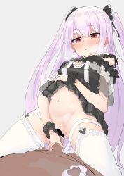 Rule 34 | blush, censored, clothes lift, cowgirl position, dark-skinned male, dark skin, dress, dress lift, girl on top, gothic lolita, grey background, hetero, highres, hololive, lifted by self, lolita fashion, long hair, navel, open mouth, panties, penis, pink hair, pussy, pussy juice, red eyes, scribble censor, sex, simple background, straddling, thighhighs, twintails, underwear, unworn panties, uruha rushia, uruha rushia (3rd costume), very long hair, virtual youtuber