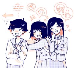 Rule 34 | 3girls, arrow (symbol), artist name, backpack, bag, blunt bangs, blush, bow, bowtie, closed eyes, commentary, english commentary, english text, hair ornament, hairclip, hands on another&#039;s shoulder, highres, jacket, kageyama shigeo, kaogens, kurata tome, long hair, long sleeves, mob psycho 100, monochrome, multiple girls, open mouth, pleated skirt, sailor collar, school uniform, serafuku, short hair, simple background, skirt, smile, spoken object, standing, takane tsubomi, white background