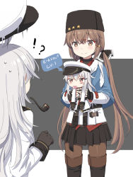 Rule 34 | !?, 3girls, aged down, ahoge, arrow (symbol), bad id, bad pixiv id, black footwear, black gloves, black ribbon, black skirt, blush, boots, brown eyes, brown hair, brown legwear, candy, child, closed mouth, cnm, coat, fingerless gloves, food, gangut (kancolle), gloves, hair ornament, hair ribbon, hairclip, hat, hibiki (kancolle), highres, holding, kantai collection, knee boots, lollipop, long hair, long sleeves, low twintails, miniskirt, mouth hold, multiple girls, pantyhose, pleated skirt, ribbon, scar, scar on face, silver hair, skirt, smile, smoking pipe, star (symbol), star hair ornament, surprised, tashkent (kancolle), thigh boots, thighhighs, translated, twintails, two-tone background, v-shaped eyebrows, very long hair, white coat, white hat