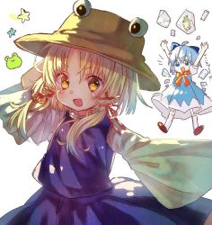 Rule 34 | 2girls, ahoge, arms up, blonde hair, blue eyes, blue hair, bow, brown hat, cirno, frog, frozen frog, hair bow, hair ribbon, hat, ice, ice wings, long sleeves, looking at viewer, moriya suwako, multiple girls, open mouth, peipei, puffy short sleeves, puffy sleeves, purple skirt, red ribbon, ribbon, short sleeves, simple background, skirt, skirt set, smile, star (symbol), touhou, tress ribbon, vest, white background, wide sleeves, wings, yellow eyes