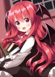 Rule 34 | 1girl, bat wings, blurry, blurry background, blush, book, book stack, breasts, cowboy shot, depth of field, dutch angle, head wings, highres, holding, holding book, indoors, koakuma, long hair, long sleeves, looking at viewer, medium breasts, one-hour drawing challenge, open book, open mouth, petticoat, red hair, ruu (tksymkw), shirt, solo, touhou, window, wings