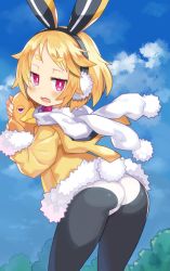 Rule 34 | 1girl, animal ears, black hairband, black pantyhose, blonde hair, blue sky, blush, cloud, commentary request, day, disgaea, fake animal ears, fang, fur-trimmed jacket, fur-trimmed sleeves, fur trim, hairband, hood, hood down, hooded jacket, jacket, leotard, long sleeves, looking at viewer, looking back, makai senki disgaea 5, open mouth, outdoors, pantyhose, pom pom (clothes), prinny, purple eyes, rabbit earmuffs, rabbit ears, rabbit tail, scarf, short hair, sky, solo, tail, thick eyebrows, tsudero, usalia (disgaea), white leotard, white scarf, yellow jacket