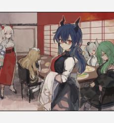 Rule 34 | 5girls, alternate costume, animal ears, arknights, armor, bad id, bad twitter id, black footwear, black jacket, black neckwear, black pants, black shirt, black skirt, blonde hair, blue hair, ch&#039;en (arknights), dragon horns, feater (arknights), green hair, grey hair, grey sash, hair between eyes, hair over one eye, hakama, hakama skirt, highres, holding, horns, hoshiguma (arknights), indoors, jacket, japanese clothes, letterboxed, looking at viewer, maid headdress, multicolored hair, multiple girls, nian (arknights), obi, off shoulder, omcxxx, open mouth, panda ears, pants, parted lips, plate, purple eyes, red eyes, red hair, red hakama, red neckwear, sash, shirt, sideways glance, single horn, sitting, sketch, skin-covered horns, skirt, standing, streaked hair, swire (arknights), table, thighhighs, tiger ears, triangle mouth, twintails, unfinished, white hair, white legwear, white shirt, white sleeves, yellow eyes