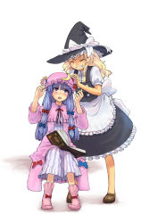 Rule 34 | 2girls, apron, bad id, bad pixiv id, blonde hair, book, braid, buttons, crescent moon, dress, closed eyes, female focus, grin, hair ribbon, hat, kirisame marisa, moon, multiple girls, no socks, patchouli knowledge, purple eyes, purple hair, ribbon, shoes, sitting, smile, standing, touhou, wait8, witch, witch hat