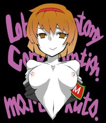 Rule 34 | 1girl, armband, bare shoulders, black background, breasts, brown eyes, brown hair, character name, collarbone, colored skin, commentary, hairband, highres, lobotomy corporation, looking at viewer, malkuth (project moon), navel, nipples, open clothes, project moon, short hair, smile, solo, touyakakasi, upper body, white skin