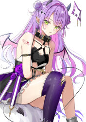 Rule 34 | 1girl, absurdres, amane kanata, amane kanata (another world), amane kanata (cosplay), arm tattoo, bare shoulders, c1p122, closed mouth, collarbone, cosplay, demon girl, demon horns, demon tail, demon wings, double bun, ear piercing, earrings, green eyes, hair bun, high-waist skirt, highres, hololive, horns, jewelry, long hair, looking at viewer, multiple earrings, piercing, pointy ears, purple hair, simple background, single thighhigh, sitting, skirt, solo, strapless, tail, tattoo, thighhighs, tokoyami towa, tube top, virtual youtuber, white background, wings