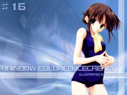 Rule 34 | 1girl, bare shoulders, blue eyes, blue one-piece swimsuit, brown hair, cowboy shot, fingers together, green eyes, looking at viewer, mouth hold, nanao naru, one-piece swimsuit, original, short hair, solo, standing, swimsuit, text focus, wallpaper, zoom layer