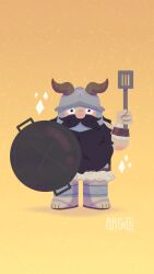 Rule 34 | 1boy, :p, animated, animated gif, arcallis, artist name, beard, brown hair, deformed, dilated pupils, dual wielding, dungeon meshi, dwarf, facial hair, fake horns, full body, helmet, highres, holding, holding spatula, horned helmet, horns, long beard, male focus, senshi (dungeon meshi), solo, sparkle background, spatula, straight-on, thick mustache, tongue, tongue out, very long beard, wok, yellow background