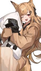 Rule 34 | 1girl, ;d, absurdres, animal ears, arknights, brown pajamas, ceobe (arknights), commentary request, dakimakura (object), doctor (arknights), dog ears, feet out of frame, hair ribbon, highres, holding, holding pillow, long hair, long sleeves, looking at viewer, one eye closed, open mouth, orange hair, pajamas, pillow, red eyes, ribbon, shiro wa (shiroshironix), simple background, sleeves past wrists, smile, solo, very long hair, white background