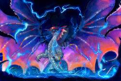 Rule 34 | bioluminescence, calligraphy, claws, deadpool yuchan, digitigrade, dragon, electricity, folded wings, full body, glowing, gradient background, highres, lightning, monster, monster focus, monster hunter, monster hunter: world, monster hunter (series), namielle, no humans, on hind legs, partially colored, scales, signature, sumi-e, tentacles, whiskers, white eyes, wings