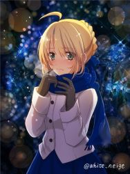 Rule 34 | 1girl, ahoge, artoria pendragon (fate), black gloves, blonde hair, blue scarf, blurry, blush, bokeh, breath, coat, commentary request, depth of field, fate/stay night, fate (series), gloves, green eyes, highres, saber (fate), scarf, serino itsuki, short hair, solo, twitter username, winter clothes, winter coat