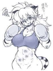Rule 34 | 1girl, boxing gloves, breasts, bruise, collarbone, fang, furry, furry female, injury, large breasts, long hair, looking at viewer, monochrome, navel, open mouth, original, oyatsu (mk2), solo, squiggle, tears, translation request, white background
