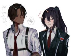 Rule 34 | 2boys, black coat, black hair, black vest, brown hair, chest harness, closed eyes, coat, collared shirt, dark-skinned male, dark skin, half updo, harness, heathcliff (project moon), highres, hong lu (project moon), limbus company, long hair, long sleeves, msx (mis4xi), multiple boys, necktie, open mouth, parted lips, project moon, purple eyes, red necktie, shirt, simple background, smile, upper body, very long hair, vest, white background, white shirt, wing collar