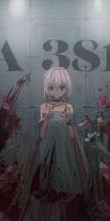 Rule 34 | 1girl, absurdres, bare shoulders, black choker, black eyes, blood, blood on clothes, blood on face, bullet hole, chihuri, choker, collarbone, dress, feet out of frame, hair between eyes, hair intakes, hands up, highres, original, parted lips, pink hair, sleeveless, sleeveless dress, solo, standing, white dress