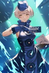 Rule 34 | 1girl, bare shoulders, blue background, blue dress, blue gloves, blue hat, bob cut, book, breasts, card, closed mouth, dress, elizabeth (persona), fagi (kakikaki), gloves, grey hair, hand up, hat, highres, holding, holding book, holding card, looking at viewer, medium breasts, mini hat, open book, persona, persona 3, persona 3 reload, short hair, sleeveless, sleeveless dress, solo, turtleneck, turtleneck dress, yellow eyes