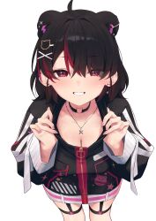 Rule 34 | 1girl, absurdres, animal ear fluff, animal ears, bear ears, bear hair ornament, black choker, black hair, blush, breasts, choker, cleavage, copyright request, ear piercing, earrings, from above, grin, hair ornament, hair over one eye, hairclip, hands up, highres, jewelry, long sleeves, looking at viewer, looking up, medium breasts, multicolored hair, piercing, puffy long sleeves, puffy sleeves, red eyes, red hair, simple background, smile, solo, standing, streaked hair, stud earrings, sweat, syhan, virtual youtuber, white background, x hair ornament
