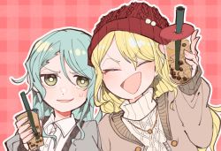 Rule 34 | 2girls, aran sweater, bang dream!, beanie, blonde hair, bright pupils, bubble tea, cable knit, closed eyes, commentary request, green eyes, hand up, hat, hikawa sayo, holding, itomugi-kun, jewelry, kirigaya toko, long sleeves, looking at viewer, multiple girls, necklace, open mouth, pink background, plaid, plaid background, red headwear, shirt, smile, sweater, upper body, white pupils