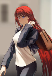 Rule 34 | absurdres, aozaki aoko, bag, blurry, blurry background, brown bag, closed mouth, commentary request, grey pants, highres, holding, holding bag, jacket, kotomine (a1569), long hair, long sleeves, looking at viewer, melty blood, open clothes, open jacket, pants, red hair, shirt, tsukihime, very long hair, walking, white shirt