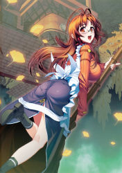 Rule 34 | 1girl, absurdres, apron, artist name, ass, black footwear, boots, breasts, broom, brown hair, fingernails, glasses, hanawa momiji, highres, holding, jingai makyou, kneepits, leaf, leg up, long hair, long sleeves, looking at viewer, looking back, medium breasts, nishii (damnedrive), official art, open mouth, orange eyes, page number, pantylines, scan, shiny clothes, sidelocks, skirt, smile, solo, sweater, zipper pull tab