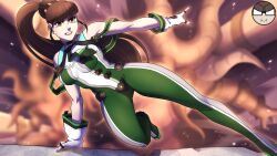 Rule 34 | 1girl, alejandro pupo, ass, black hair, blunt bangs, bodysuit, breasts, brown eyes, clenched teeth, dynamic pose, eve (stellar blade), gloves, green bodysuit, large breasts, long hair, looking at viewer, planet diving suit (7th) (stellar blade), ponytail, serious, silver bodysuit, solo, stellar blade, teeth, thighs, very long hair, white gloves