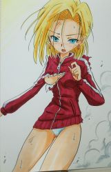 Rule 34 | 1girl, absurdres, android, android 18, ashigaki radar, blonde hair, blue eyes, breasts, collarbone, dragon ball, dragonball z, earrings, highres, jacket, jewelry, long sleeves, looking at viewer, medium breasts, panties, red jacket, robot, short hair, smoke, standing, sweat, torn clothes, torn jacket, two-tone background, underwear, white background, white panties, yellow background, zipper