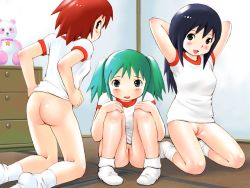 Rule 34 | 3girls, :d, arms behind head, arms up, ass, black eyes, black hair, blush, bottomless, breasts, byunbyun house, cleft of venus, drawer, female focus, full cleft, green eyes, green hair, gym shirt, gym uniform, hands on own knees, indoors, kneeling, long hair, looking at viewer, looking back, multiple girls, open mouth, original, pussy, red eyes, red hair, shirt, short hair, small breasts, smile, socks, squatting, stuffed animal, stuffed panda, stuffed toy, tatami, tsuzuki kazuhiko, twintails, uncensored