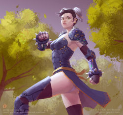 Rule 34 | 1girl, adapted costume, armor, capcom, chun-li, looking at viewer, outdoors, revealing clothes, street fighter, tree, xia taptara