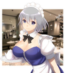 Rule 34 | 1girl, adapted costume, apron, bad id, bad pixiv id, blue dress, blue eyes, blurry, blurry background, breasts, ceiling, cleavage, cup, detached collar, dress, grey hair, hair between eyes, heart, heart-shaped pupils, highres, indoors, izayoi sakuya, large breasts, looking at viewer, maid, maid apron, maid headdress, photo background, puffy short sleeves, puffy sleeves, shiny skin, short hair, short sleeves, smile, solo, strapless, strapless dress, symbol-shaped pupils, table, teacup, teapot, touhou, tray, upper body, wrist cuffs, x&amp;x&amp;x