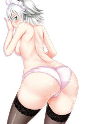 Rule 34 | 1girl, against wall, ass, back, blue eyes, blush, breasts, ebi 193, from behind, izayoi sakuya, lace, lace-trimmed legwear, lace trim, looking at viewer, looking back, maid headdress, panties, pink panties, short hair, silver hair, solo, thighhighs, thighs, topless, touhou, underwear, wedgie