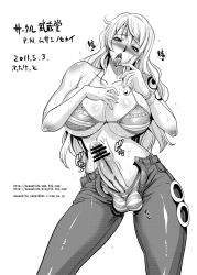 Rule 34 | 1girl, ahegao, blush, bra, breasts, censored, curly hair, denim, earrings, erection, full-package futanari, futanari, greyscale, jeans, jewelry, large breasts, long hair, monochrome, musashino sekai, nami (one piece), one piece, panties, pants, penis, precum, saliva, signature, solo, striped clothes, striped panties, sweat, testicles, text focus, tongue, tongue out, underwear