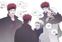 Rule 34 | 2boys, arm around shoulder, black hair, blue scarf, blush, coat, earrings, eustass kid, facial hair, frown, fur hat, gloves, goatee, hat, headband, highres, jewelry, korean commentary, long sleeves, looking at another, male focus, multiple boys, one piece, op chestnut, open mouth, parted lips, red eyes, red hair, red lips, scarf, shirt, short hair, smile, speech bubble, tattoo, trafalgar law, translation request, white coat, yaoi, yellow eyes