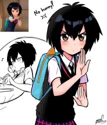 Rule 34 | 1girl, artist name, backpack, bag, black hair, black sweater vest, blue bag, blush, breasts, brown eyes, blowing bubbles, chewing gum, cockpit, commentary, derivative work, dot mouth, dress shirt, english commentary, english text, fighting stance, hair between eyes, hands up, highres, koonowen, leaning back, looking ahead, looking at viewer, lounging, marvel, multiple views, partially colored, peni parker, plaid, plaid skirt, purple skirt, reference inset, school uniform, serious, shirt, short hair, short sleeves, signature, skirt, small breasts, sp//dr, spider-man: into the spider-verse, spider-man (series), spider-verse, standing, sweater vest, typing, upper body, v-shaped eyebrows, white shirt